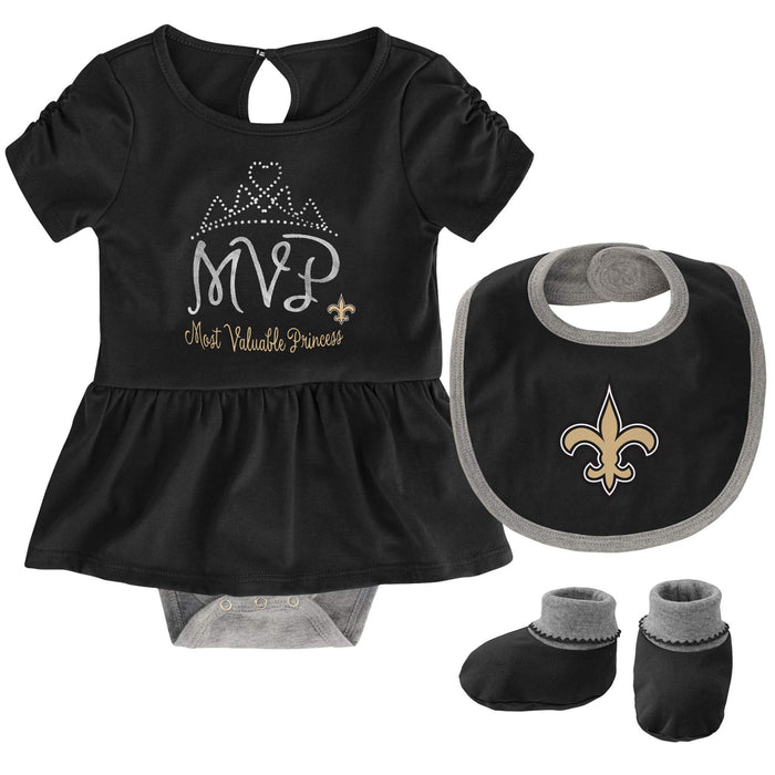 Outerstuff NFL Girls Newborn Infants MVP 3 Piece Creeper, Bib and Booty Bodysuit Set - New Orleans Saints 24 Months