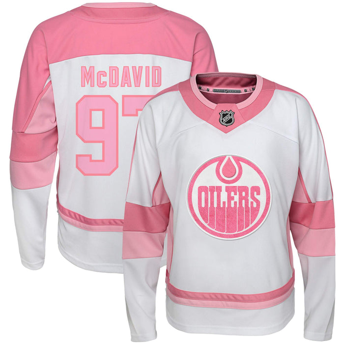 NHL Kids Youth Girls 4-16 White Pink Fashion Premier Player Jersey (Connor McDavid Edmonton Oilers, 7-8)